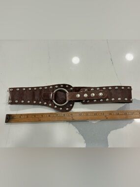 Brown Studded Leather Waist Belt with Silver Ring Accent - Cynthia H Designs.
